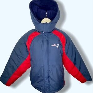 NFL New England Patriots Football Boys Hooded Puffer Coat Large Navy Blue White